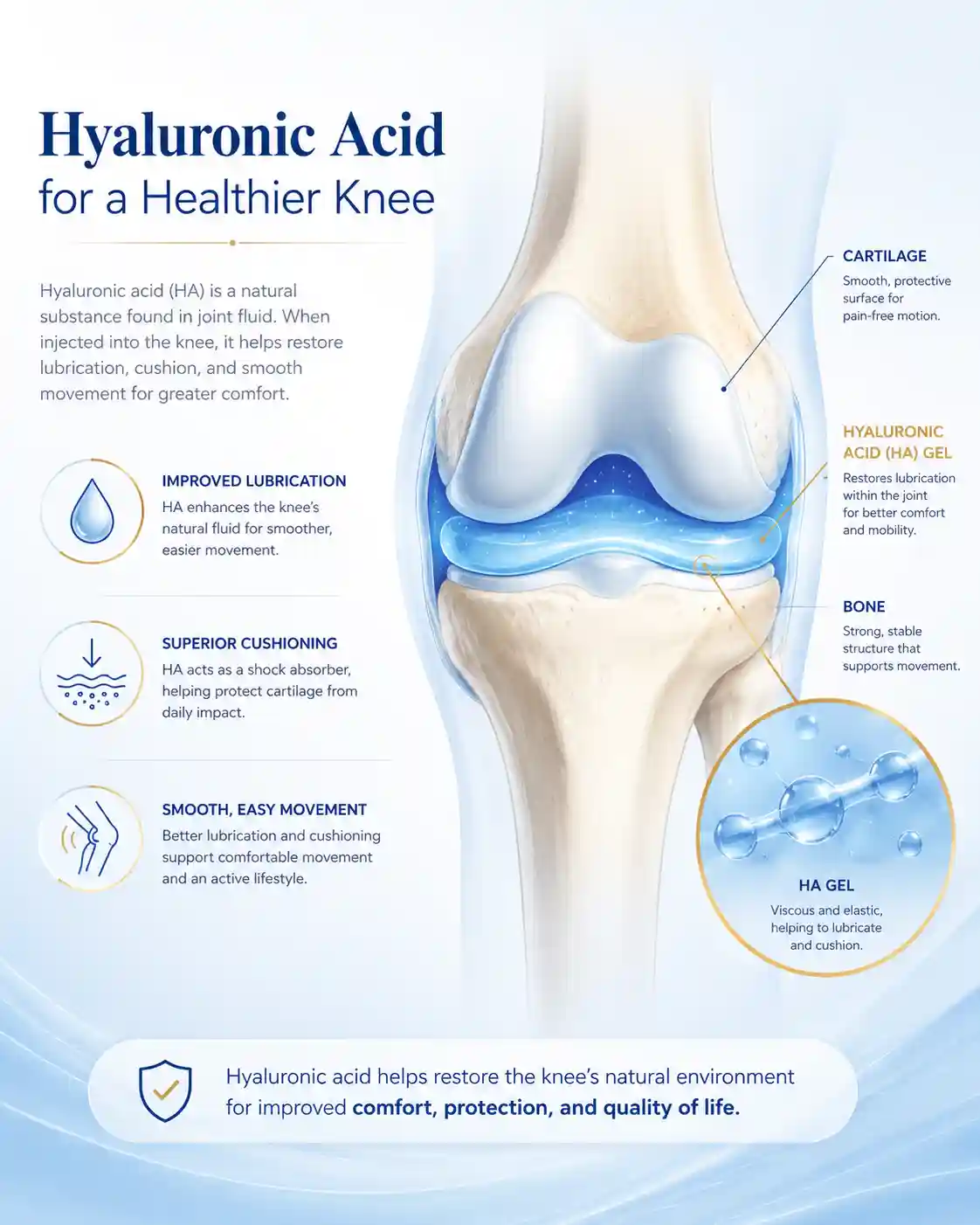 Diagram showing hyaluronic acid gel injection inside the knee joint