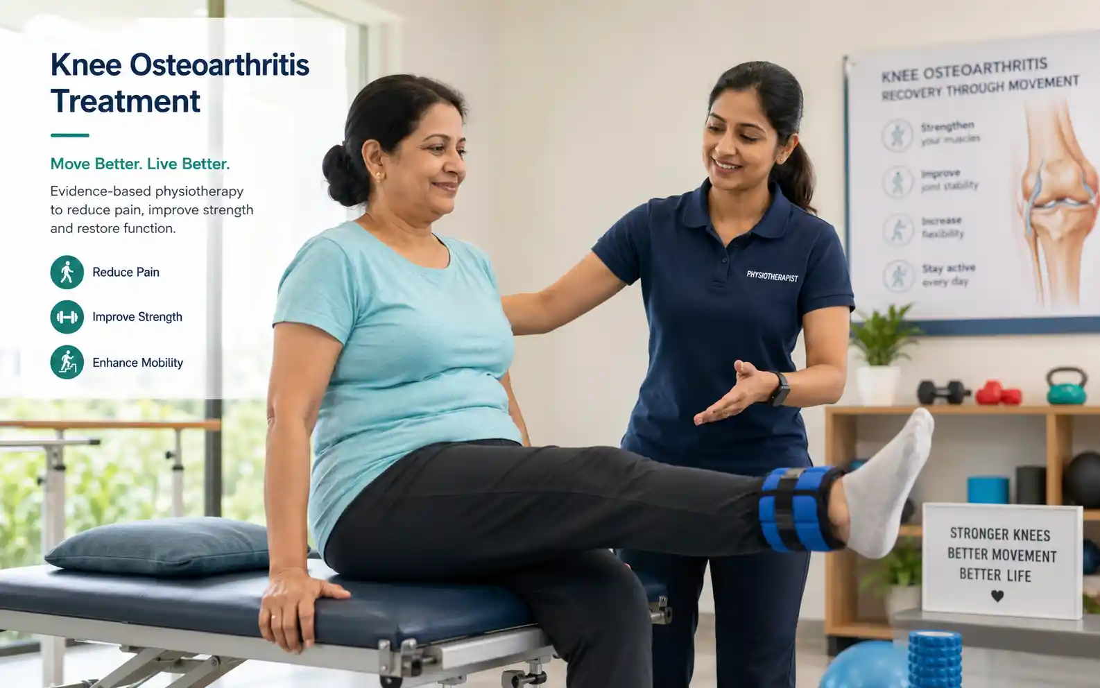 Patient doing physiotherapy rehabilitation for knee condition with therapist guidance