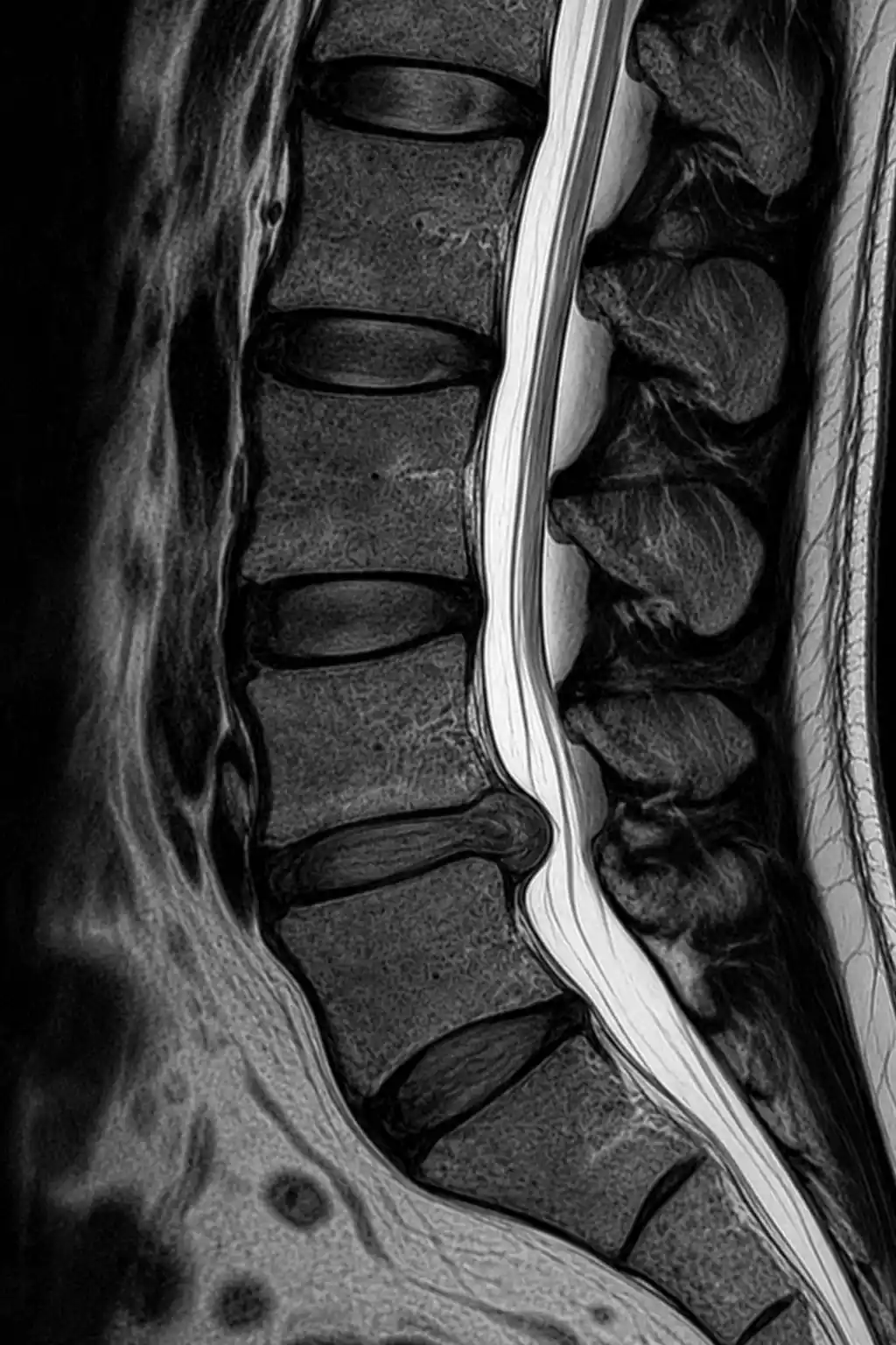 MRI showing lumbar canal narrowing and nerve compression