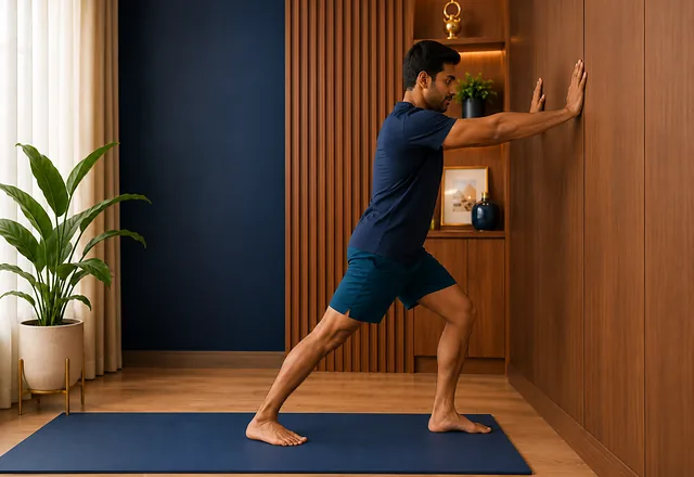 Wall calf stretch for ankle mobility