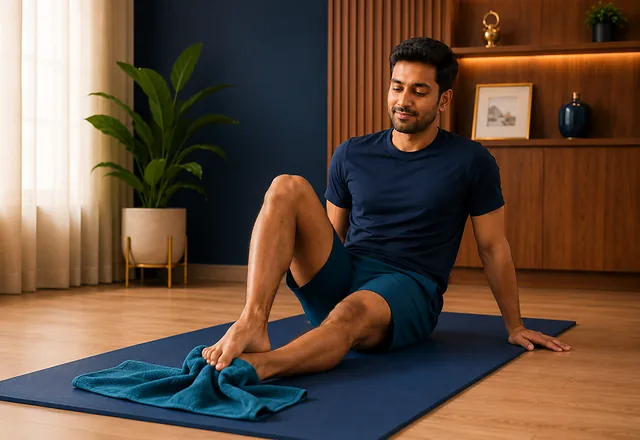 Towel scrunch exercise with toes for ankle and foot strengthening
