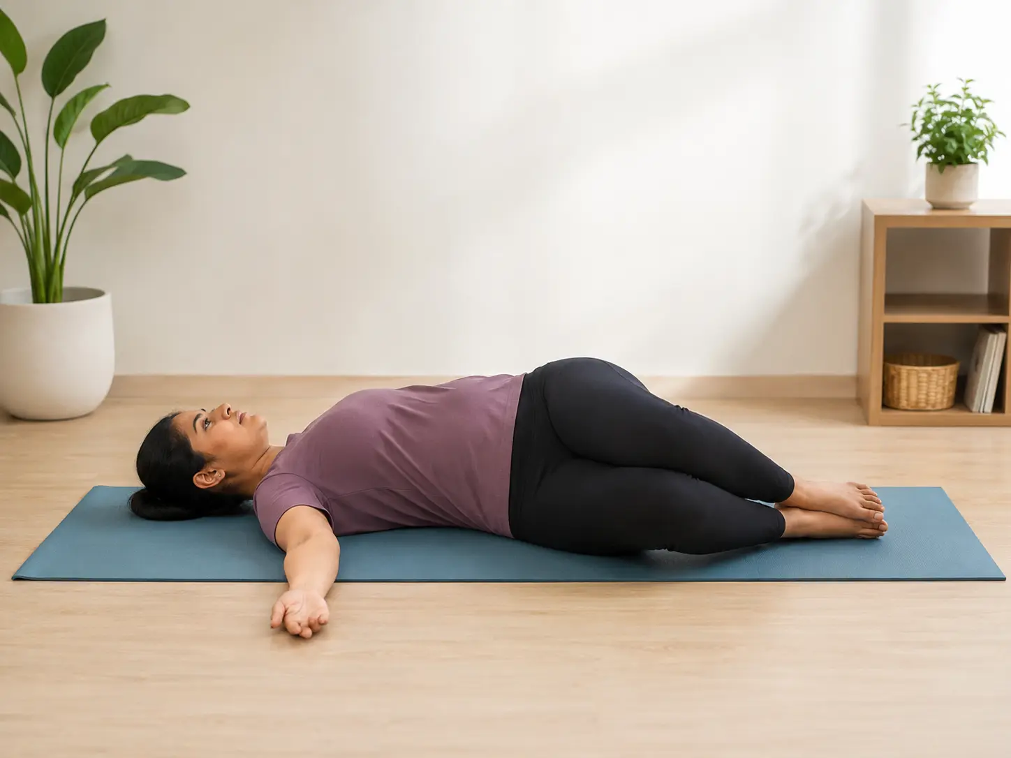 Lying knee rolls exercise for back pain — rolling bent knees gently to one side with shoulders flat