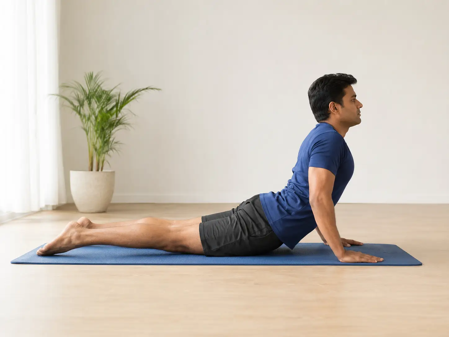 Prone press-up back extension exercise — lying face down pressing the upper body up while hips stay down