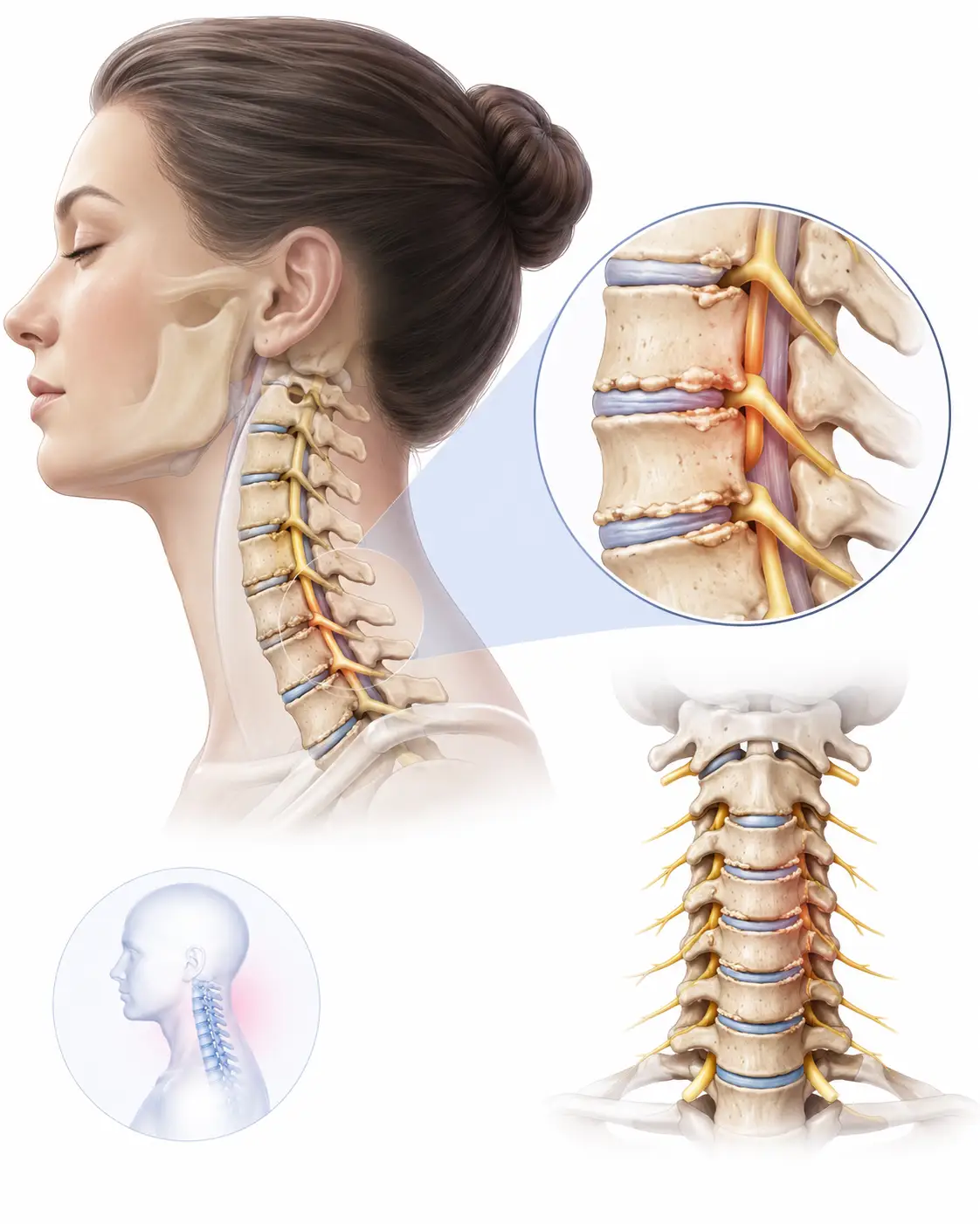 Patient-friendly diagram showing cervical spondylosis anatomy and treatment concept