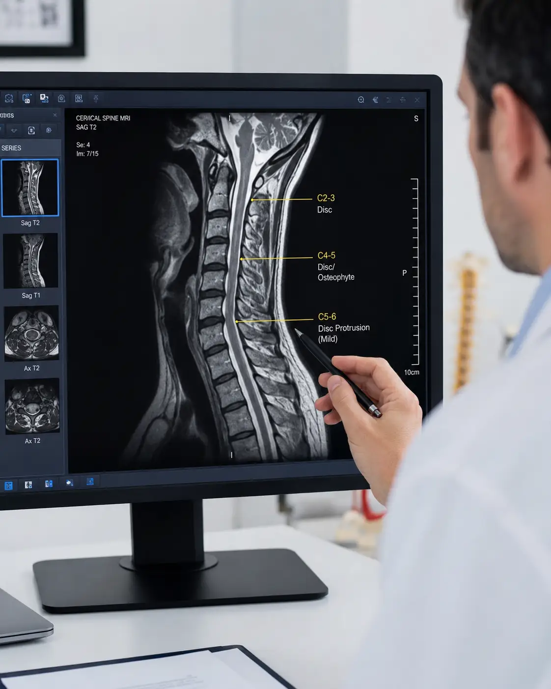 MRI review for cervical disc bulge and cervical spondylosis nerve compression