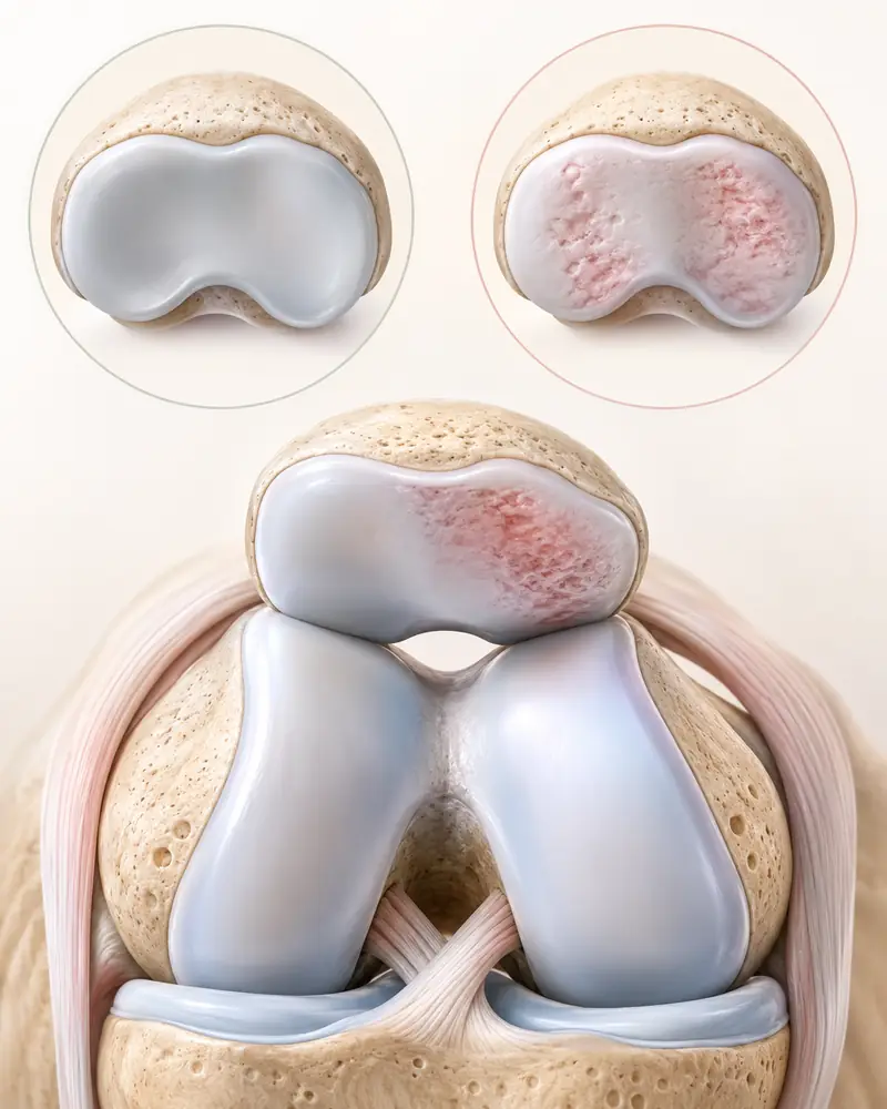Patient-friendly diagram showing chondromalacia patella anatomy and treatment concept