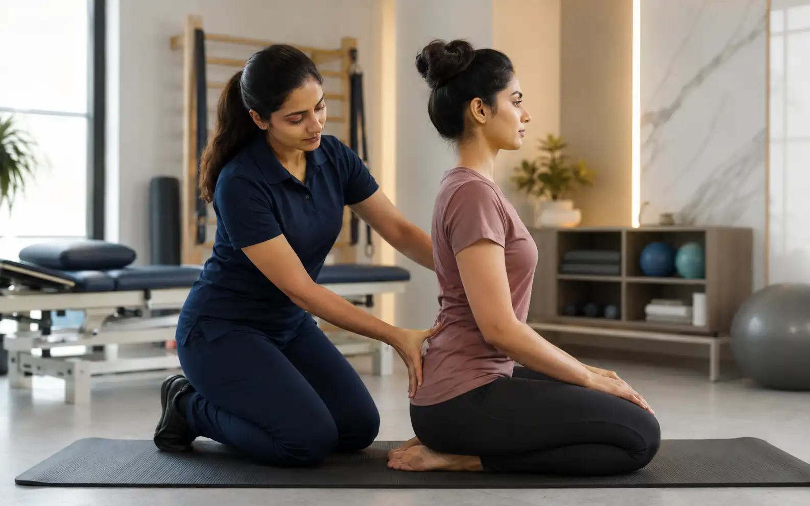 Patient doing physiotherapy rehabilitation for coccydynia with therapist guidance