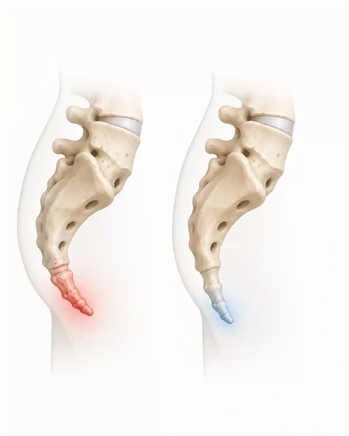 Illustration of a stiff or subluxed coccyx being gently mobilised and repositioned during coccyx manipulation