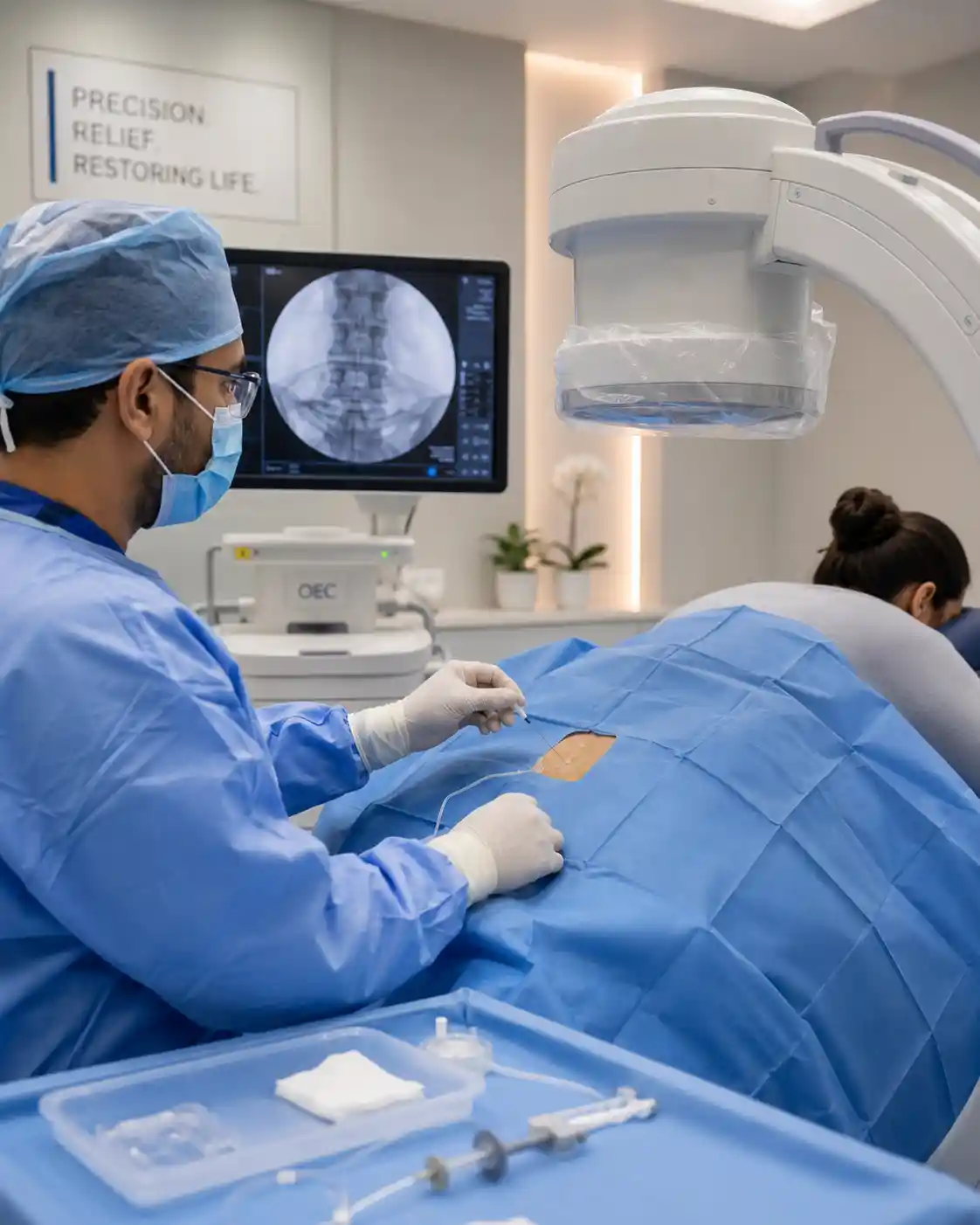 Fluoroscopy-guided selective nerve root block being performed by Dr. Soma Sundar in Chennai