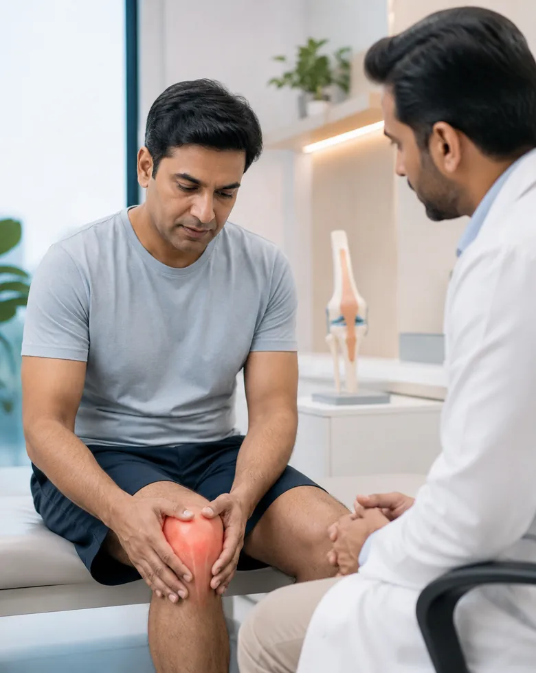 Patient with front knee pain consulting a specialist in a modern clinic
