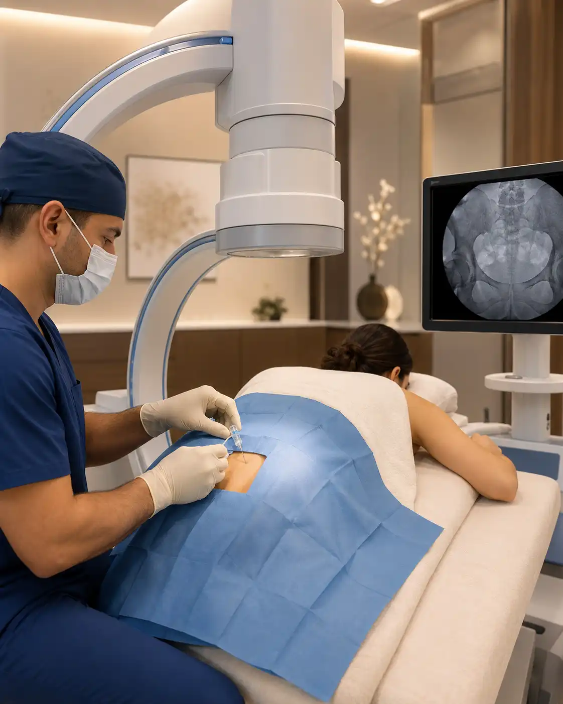 Image-guided Ganglion Impar Block being performed under C-arm fluoroscopy in a day-care setting