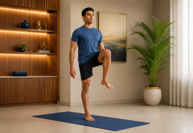 Standing hip marching exercise — lifting the knee towards the chest while standing for hip strength and balance