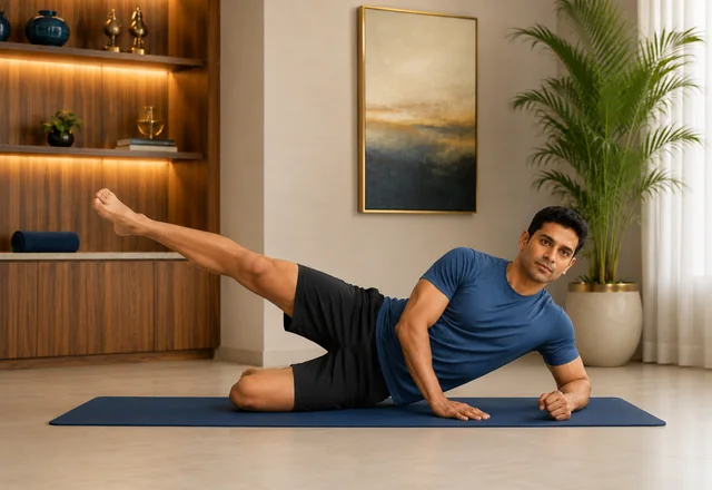 Side-lying hip abduction exercise — lifting the top leg straight up while lying on the side