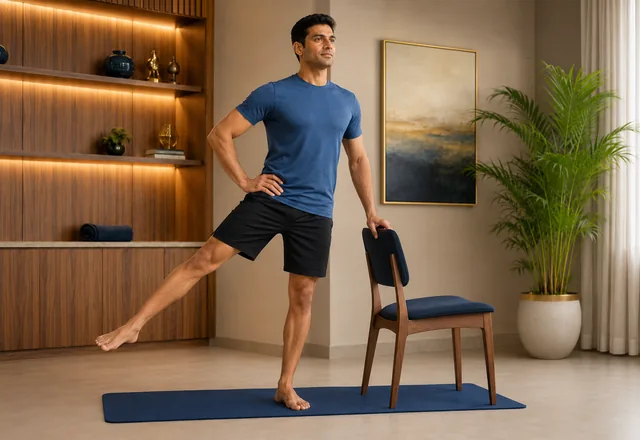 Standing hip abduction exercise with chair support — lifting one leg sideways while holding a chair