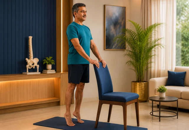 Patient doing calf raise exercise for knee condition with correct posture