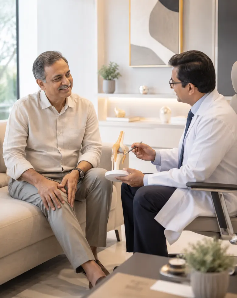 Patient with knee pain consulting a specialist in a modern clinic