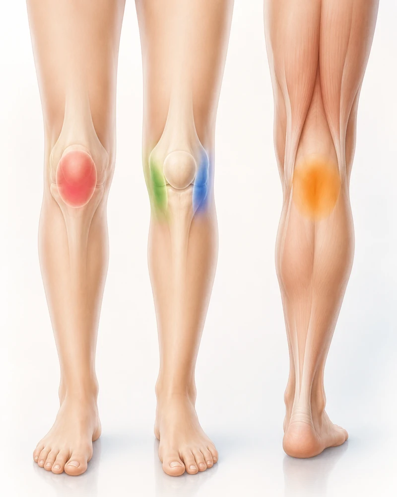 Patient friendly knee pain location map showing front inner outer and back knee pain