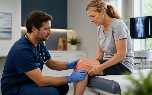 Patient-friendly image showing symptoms and warning signs of knee condition