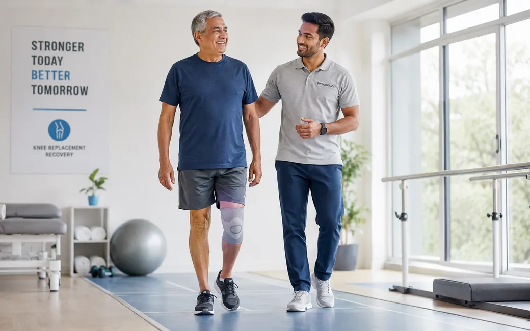Patient walking after knee replacement rehabilitation