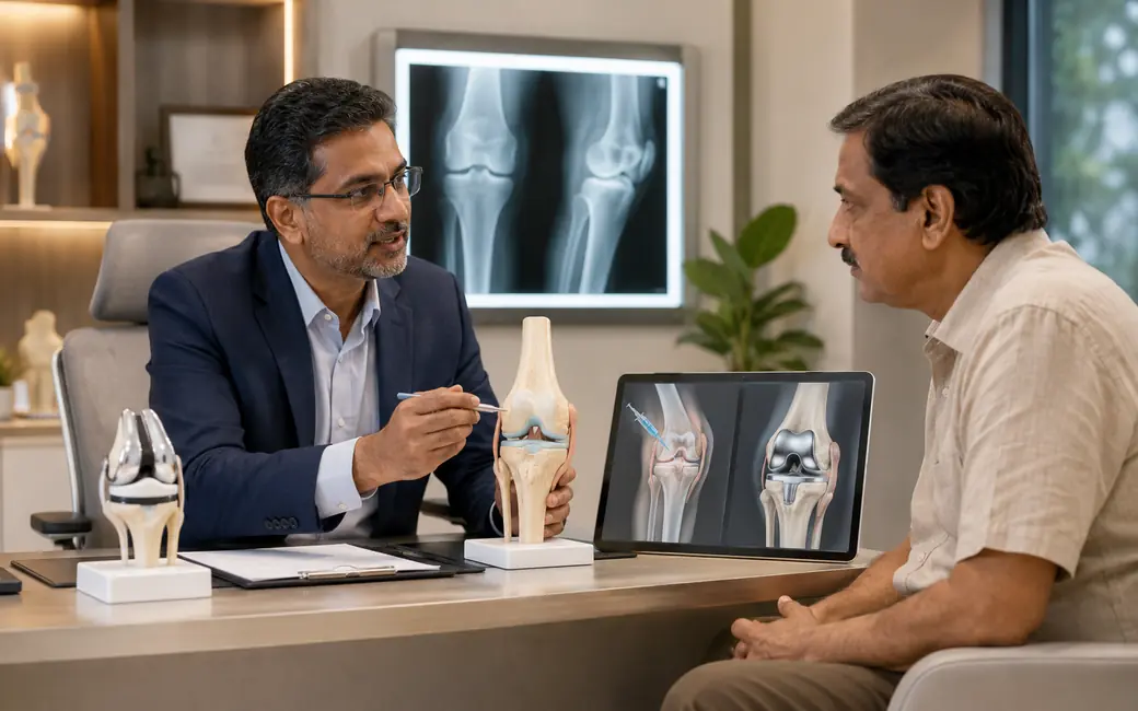 Doctor comparing knee injection versus knee replacement