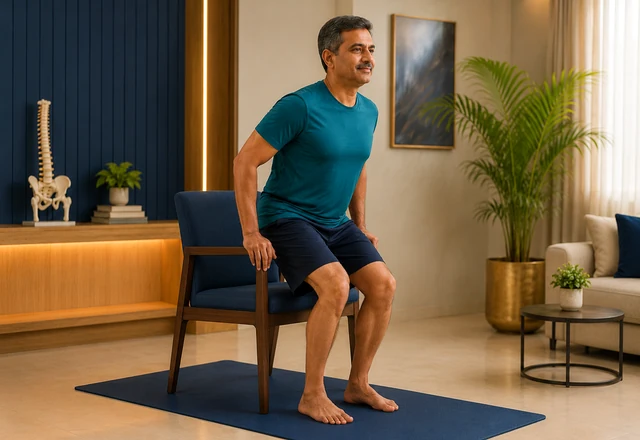 Patient doing sit to stand exercise for knee condition with correct posture