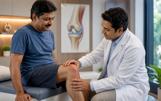 Doctor examining swollen knee after ACL injury