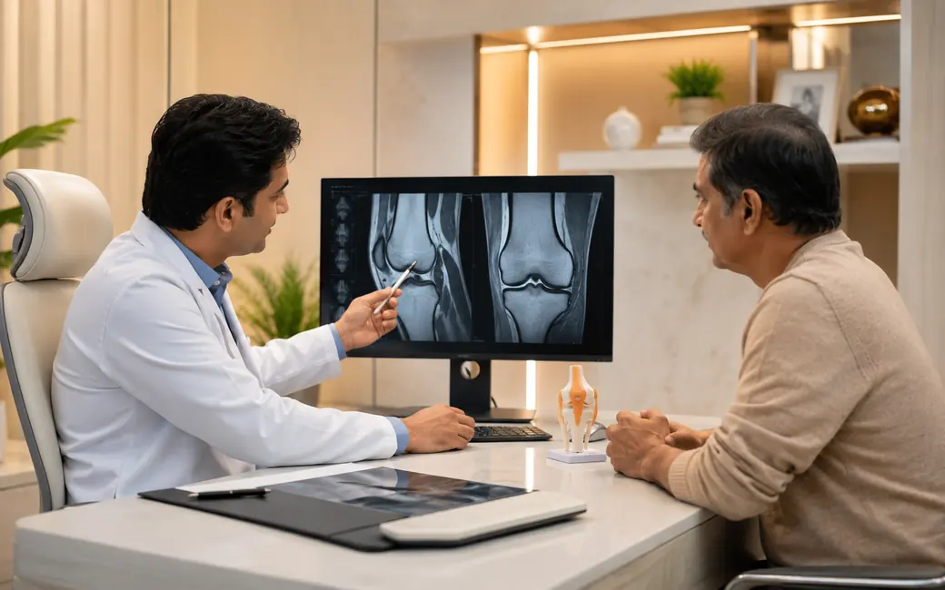 Doctor reviewing knee MRI for ACL tear