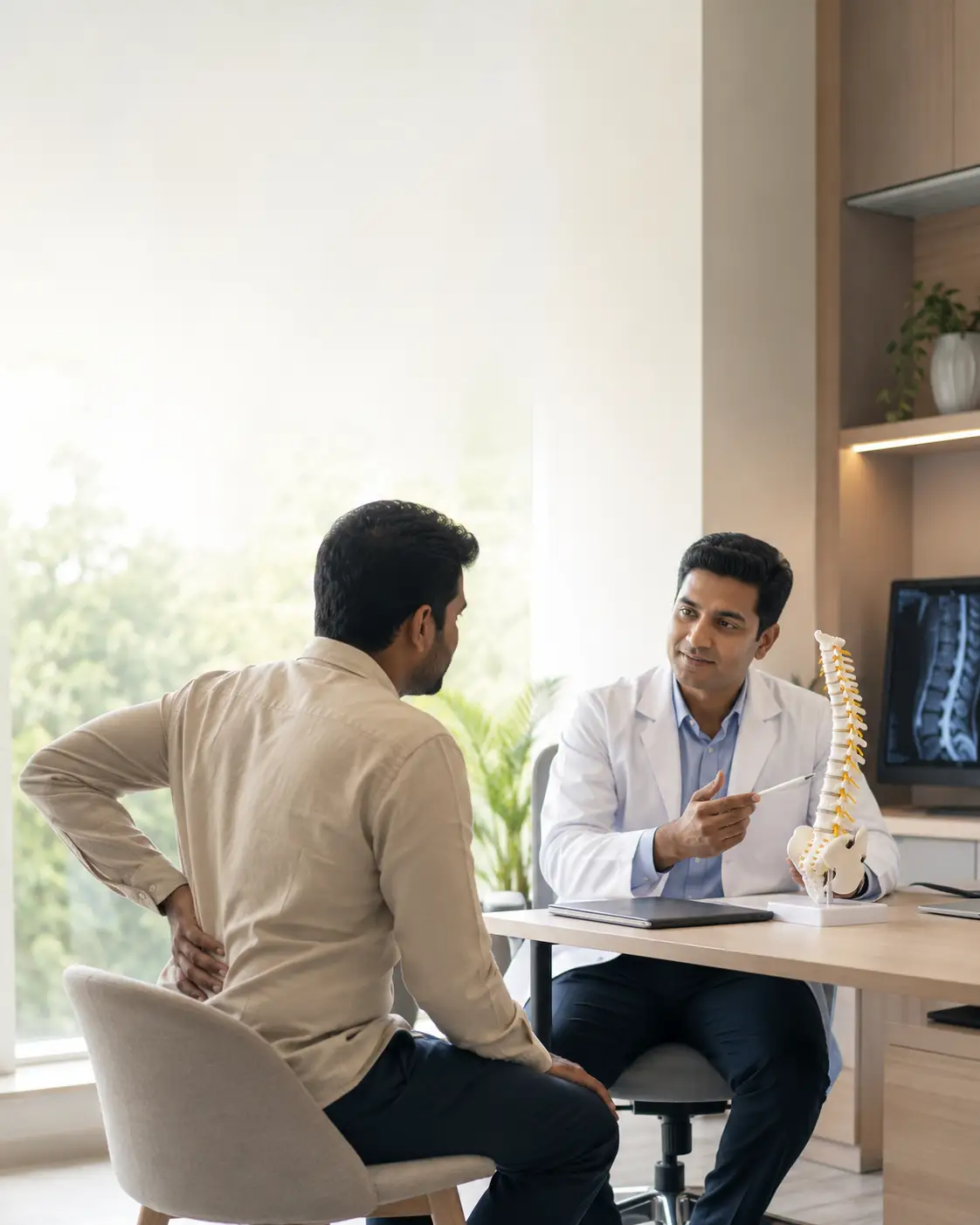 Adult patient with low back pain holding the lower back