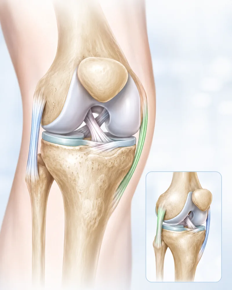 Patient-friendly diagram showing knee ligament injury anatomy and treatment concept