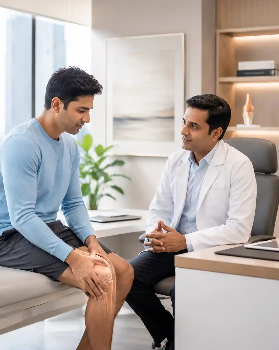 Patient with meniscus tear consulting a specialist in a modern clinic