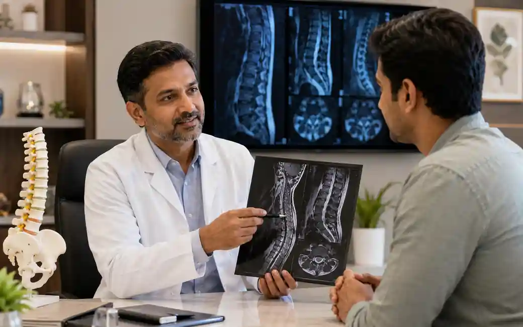 Doctor reviewing cervical spine MRI for cervical disc bulge diagnosis and treatment planning
