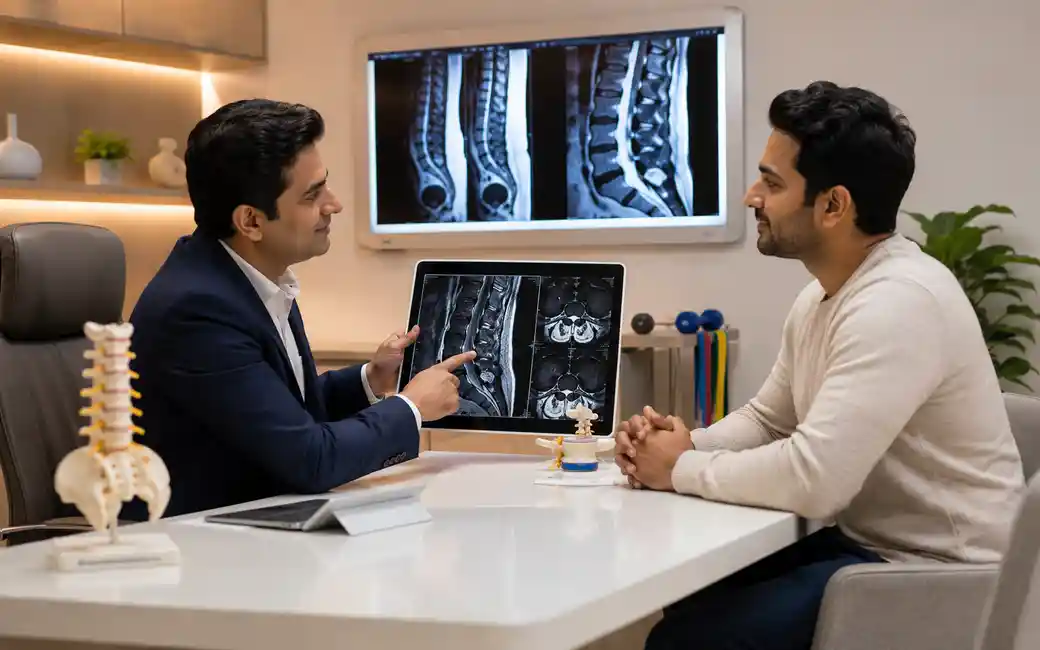 Patient discussing non-surgical treatment plan for spine fracture