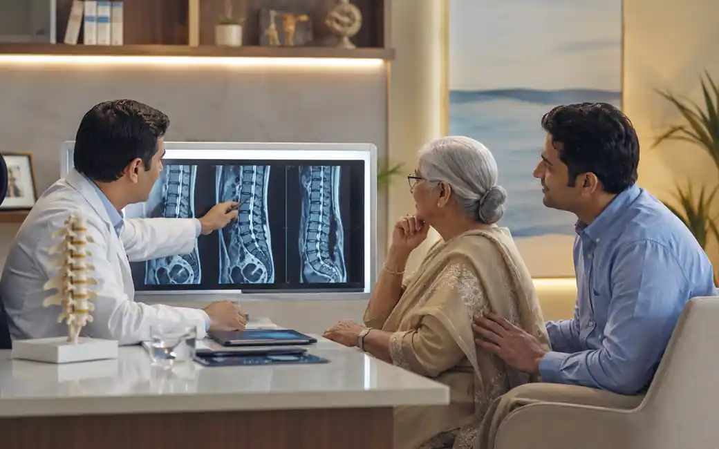 Doctor reviewing MRI or X-ray for osteoporosis diagnosis and treatment planning