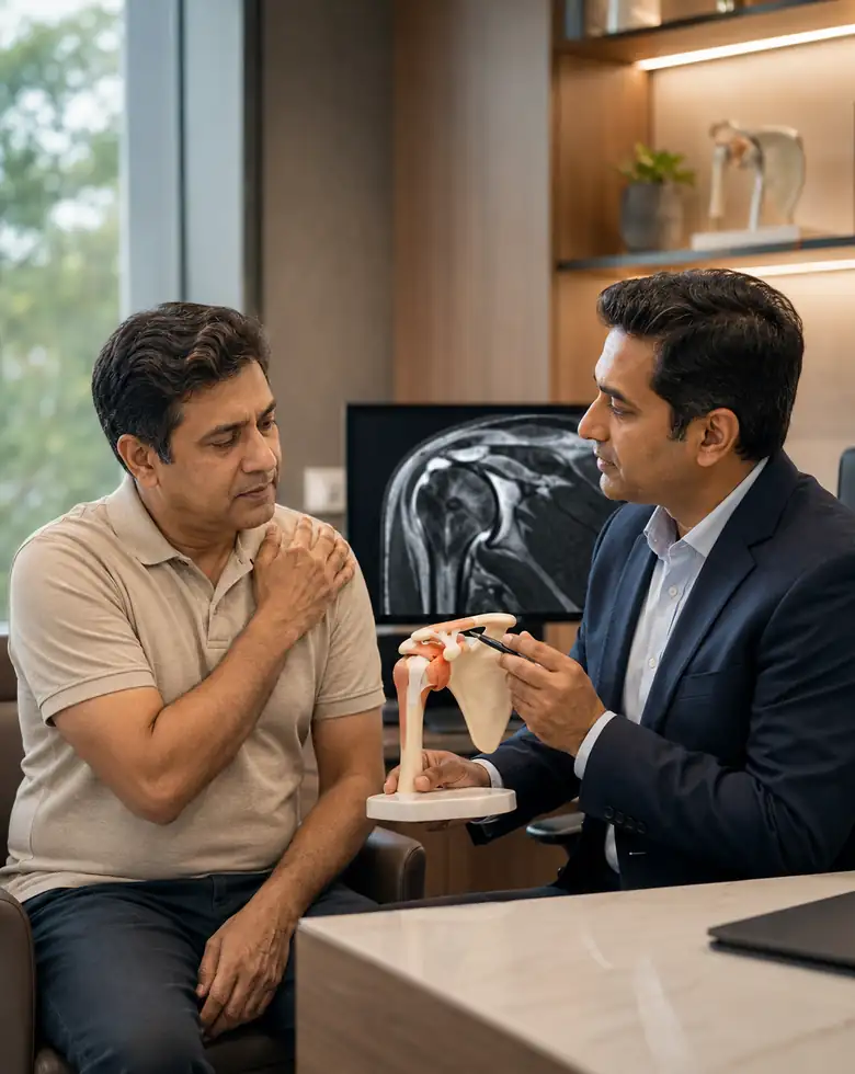 Patient with rotator cuff problem consulting a specialist in a modern clinic