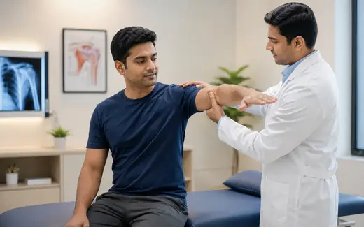 Doctor performing rotator cuff weakness test