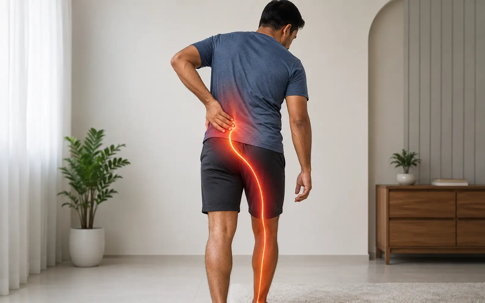 Sciatica leg pain pattern travelling from the lower back down the leg