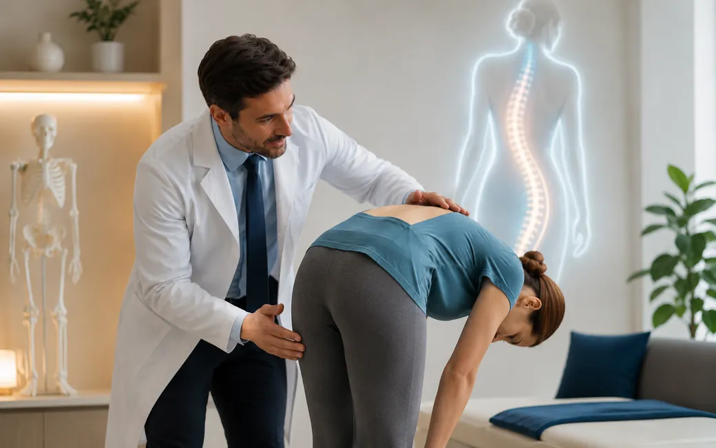 Patient education image showing scoliosis forward bend test