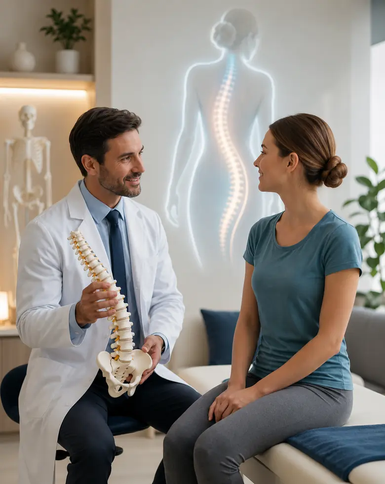 Patient with scoliosis spine curve consulting a specialist