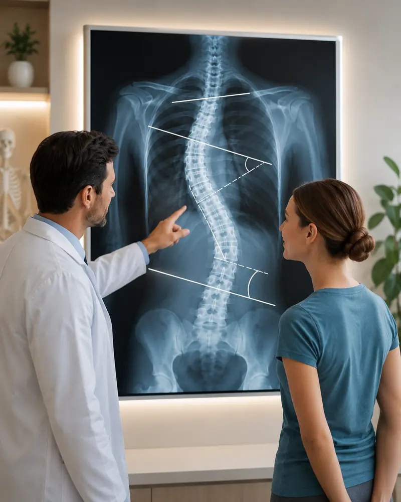 Doctor reviewing MRI or X-ray for scoliosis diagnosis and treatment planning