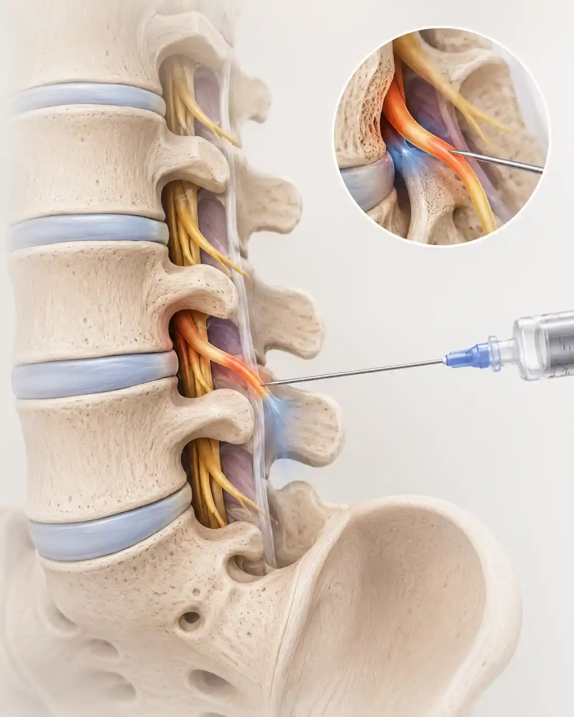 Clean medical illustration showing a needle delivering medication to a single inflamed spinal nerve root during a selective nerve root block