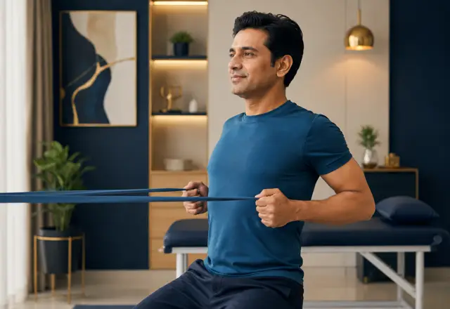 Resistance band row exercise for shoulder strengthening
