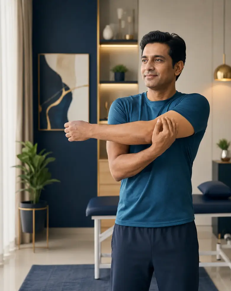Adult doing shoulder mobility exercise at home