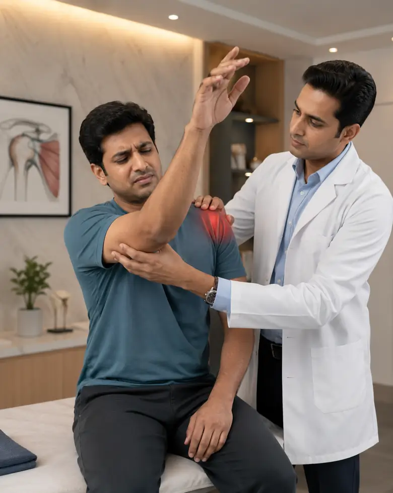 Patient with shoulder impingement consulting a specialist in a modern clinic