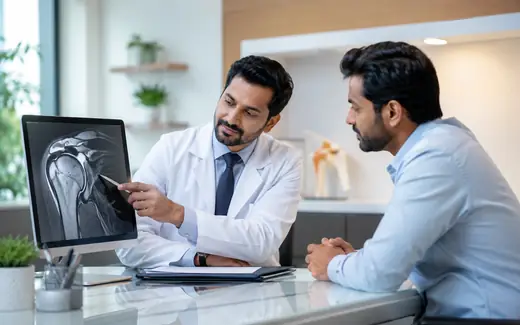 Doctor reviewing shoulder MRI for rotator cuff tear