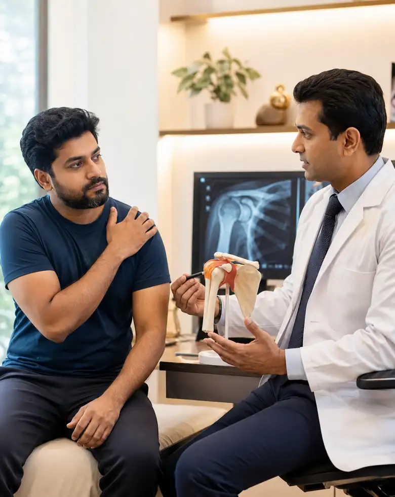 Patient with shoulder pain consulting a specialist in a modern clinic