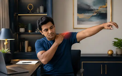 Patient having shoulder pain while lifting arm