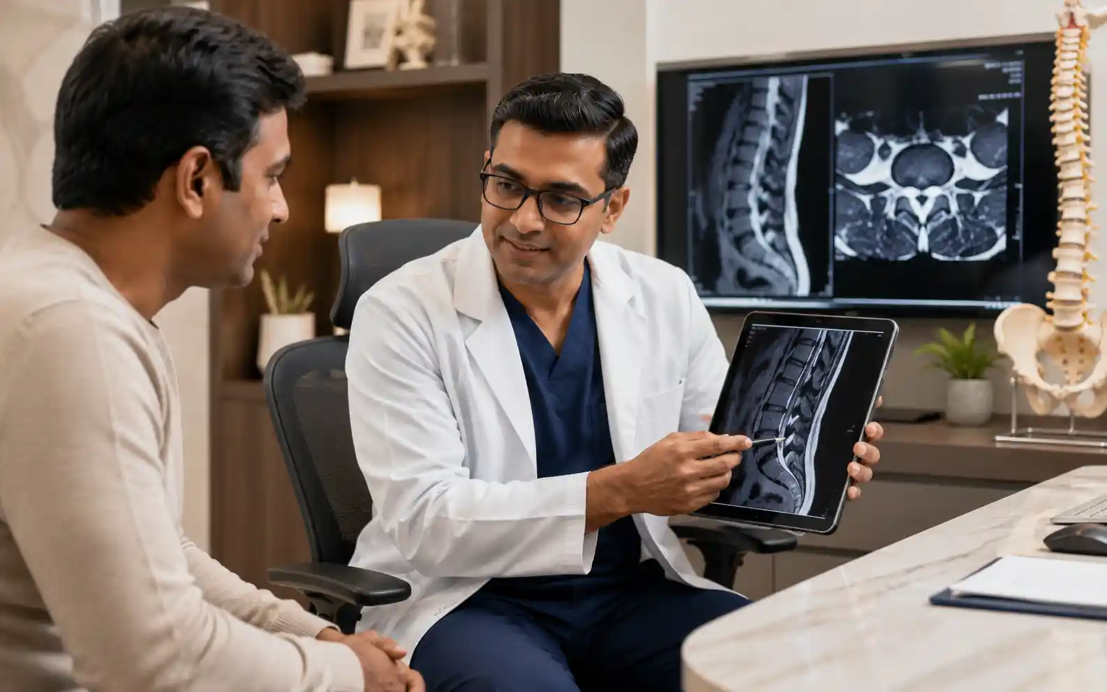 Consultation and MRI review before a selective nerve root block in Chennai