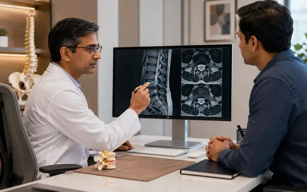 Doctor reviewing MRI or X-ray for spine condition diagnosis and treatment planning