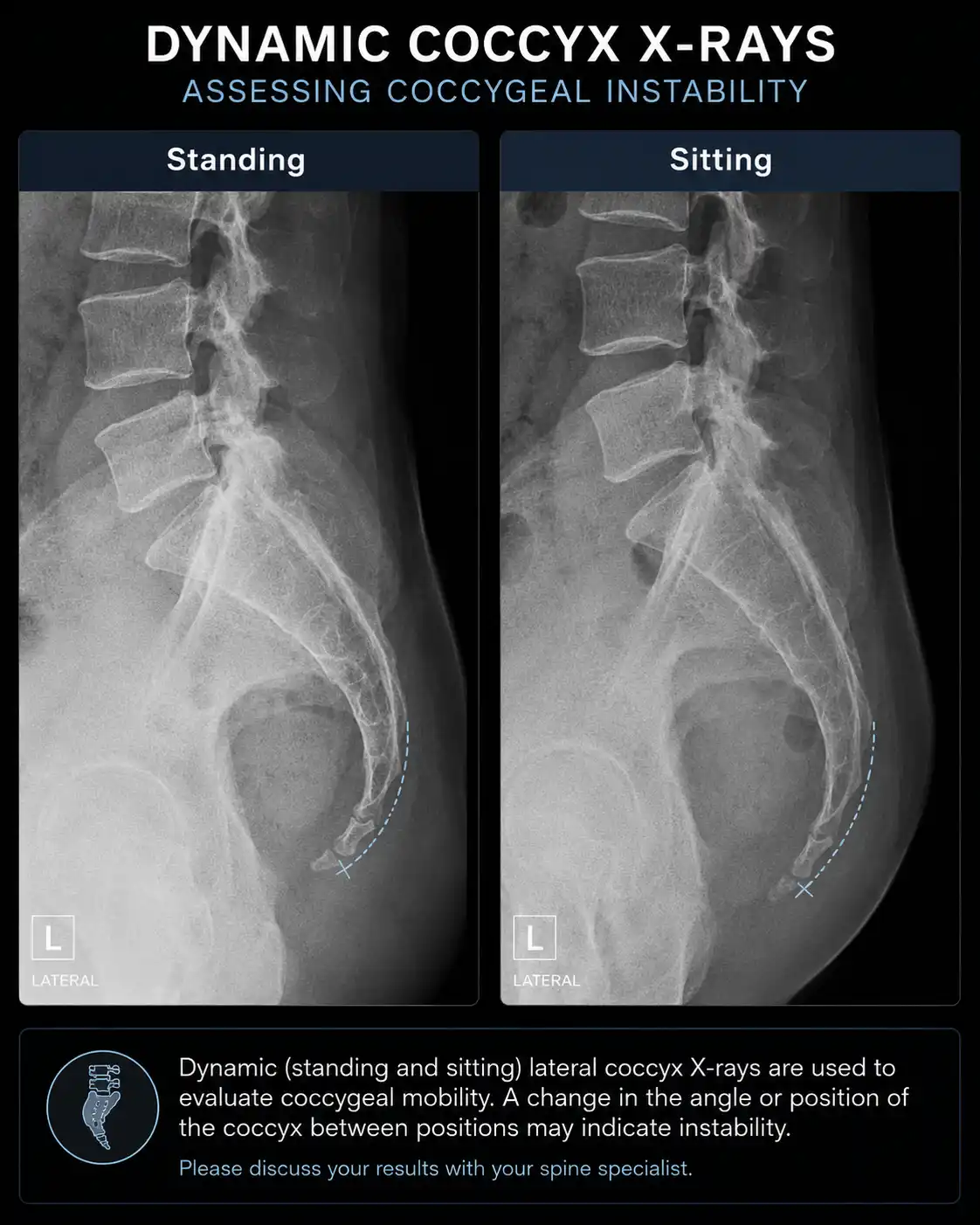 Doctor reviewing MRI or X-ray for tailbone pain diagnosis and treatment planning