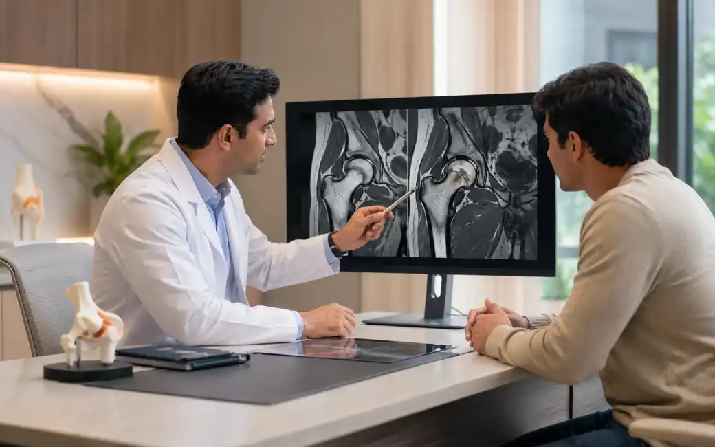 Doctor reviewing MRI for AVN hip diagnosis and treatment planning